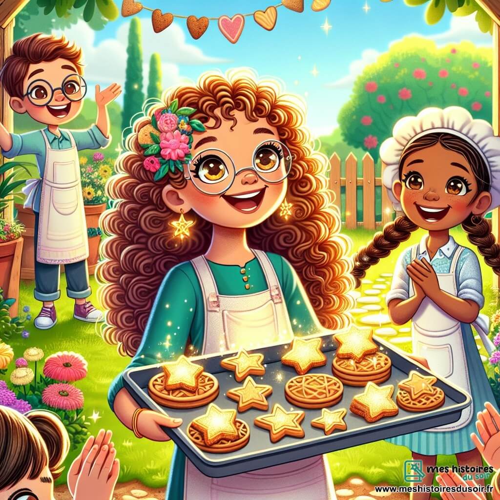 Une illustration sous forme de dessin destinée aux enfants représentant un jardin coloré et ensoleillé dans le village de Biscotton, avec une fille de 11 ans aux cheveux bouclés couleur caramel et aux yeux pétillants, qui danse joyeusement tout en tenant une plaque de biscuits brillants en forme d'étoiles et de cœurs, entourée de deux amis : un garçon aux cheveux bruns et aux lunettes, qui applaudit avec enthousiasme, et une fille aux cheveux blonds tressés, qui rit en tenant un biscuit dans sa main, le tout évoquant une ambiance de fête et de magie, alors qu'ils célèbrent la victoire d'un défi de pâtisserie.