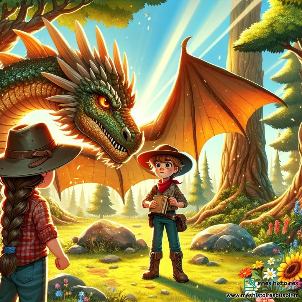 Illustration d'une clairière ensoleillée entourée d'arbres majestueux aux feuilles vertes, avec des rochers et des fleurs colorées au sol. Au centre, un jeune homme de seize ans, portant un large chapeau de feutre usé, un bandana rouge et une chemise à carreaux, fait face à un dragon majestueux aux écailles scintillantes, ses ailes déployées et ses yeux flamboyants fixés sur lui. À ses côtés, une jeune fille de douze ans, avec de longs cheveux bruns tressés et une robe simple, tient un livre ancien, ses yeux brillants d'excitation. Le jeune homme défie le dragon, prêt à prouver son courage pour protéger son village, tandis que le dragon, à la fois puissant et sage, évalue son adversaire. Des rayons de soleil illuminent la scène d'une lumière dorée, ajoutant une touche magique à cet instant d'aventure.