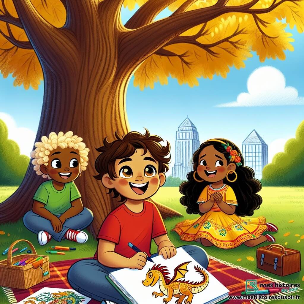 Une illustration sous forme de dessin destinée aux enfants représentant un parc ensoleillé, avec un grand chêne au feuillage doré, où un garçon de 9 ans aux cheveux bruns et aux yeux pétillants, vêtu d'un t-shirt rouge vif, est assis sur une couverture de pique-nique, en train de dessiner des dragons dans un carnet ; à ses côtés, une fille aux cheveux noirs et à la peau caramel, portant une robe colorée, montre fièrement ses illustrations, tandis qu'un garçon aux cheveux bouclés et à la peau chocolat, habillé d'un t-shirt vert, rit en partageant une histoire fascinante de son pays d'origine, créant ainsi une ambiance joyeuse et amicale qui célèbre la diversité et l'amitié.