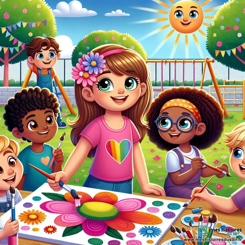 Illustration destinée aux enfants représentant une cour d'école ensoleillée, ornée de grands arbres verdoyants et de jeux colorés, où un groupe d'enfants de 11 ans se rassemble autour d'une fresque murale vibrante. Au centre, une fille aux cheveux châtain clair et aux yeux pétillants, vêtue d'un t-shirt rose, tient un pinceau et sourit joyeusement en peignant une grande fleur. À ses côtés, une fille aux cheveux noirs bouclés et à la peau caramel, portant des lunettes, observe avec émerveillement et dessine des motifs colorés sur un tableau. En arrière-plan, un garçon blond aux yeux bleus, vêtu d'un t-shirt bleu, et une autre fille aux cheveux bruns et à la peau claire, rient ensemble en partageant des pinceaux. L'atmosphère est pleine de joie et de camaraderie, illustrant le thème de la tolérance et de l'amitié entre des enfants de différentes origines.