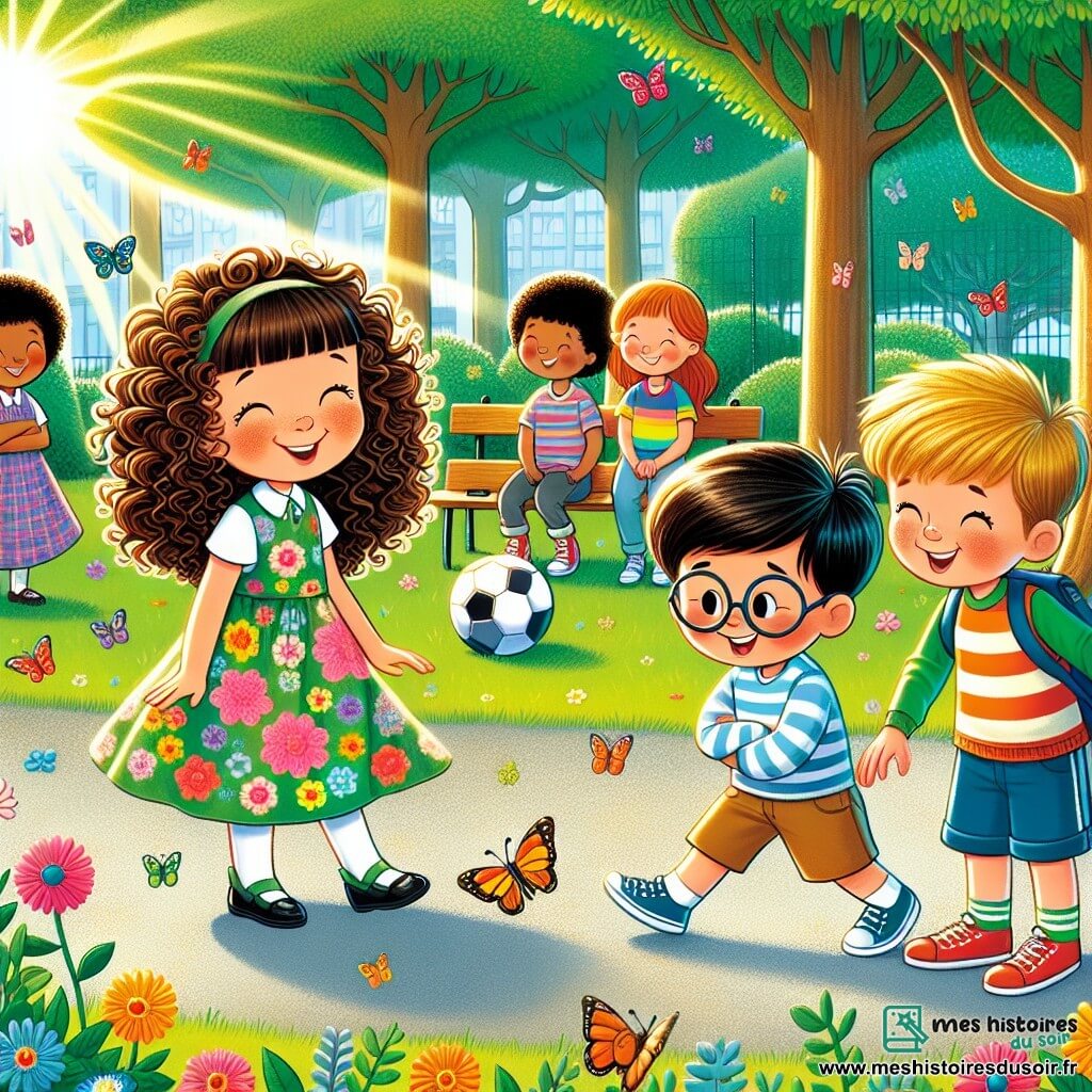 Illustration destinée aux enfants représentant une cour d'école ensoleillée, entourée de grands arbres verdoyants et de fleurs colorées, où un groupe d'enfants de 9 ans joue ensemble. Au centre, une fille aux cheveux châtains et bouclés, portant une robe à fleurs, sourit joyeusement en tenant un ballon de football, tandis qu'un garçon aux cheveux noirs et lisses, de peau claire, s'approche d'un autre garçon aux cheveux bruns, portant des lunettes rondes, qui a l'air un peu timide. Le groupe est en train d'encourager un nouvel ami, un garçon aux cheveux blonds et frisés, de peau claire, assis sur un banc, à les rejoindre pour jouer au ballon. Des rires et des sourires illuminent leurs visages, symbolisant l'amitié et la tolérance, tandis que des papillons colorés volent autour d'eux, ajoutant une touche magique à cette scène d'inclusion et de joie.