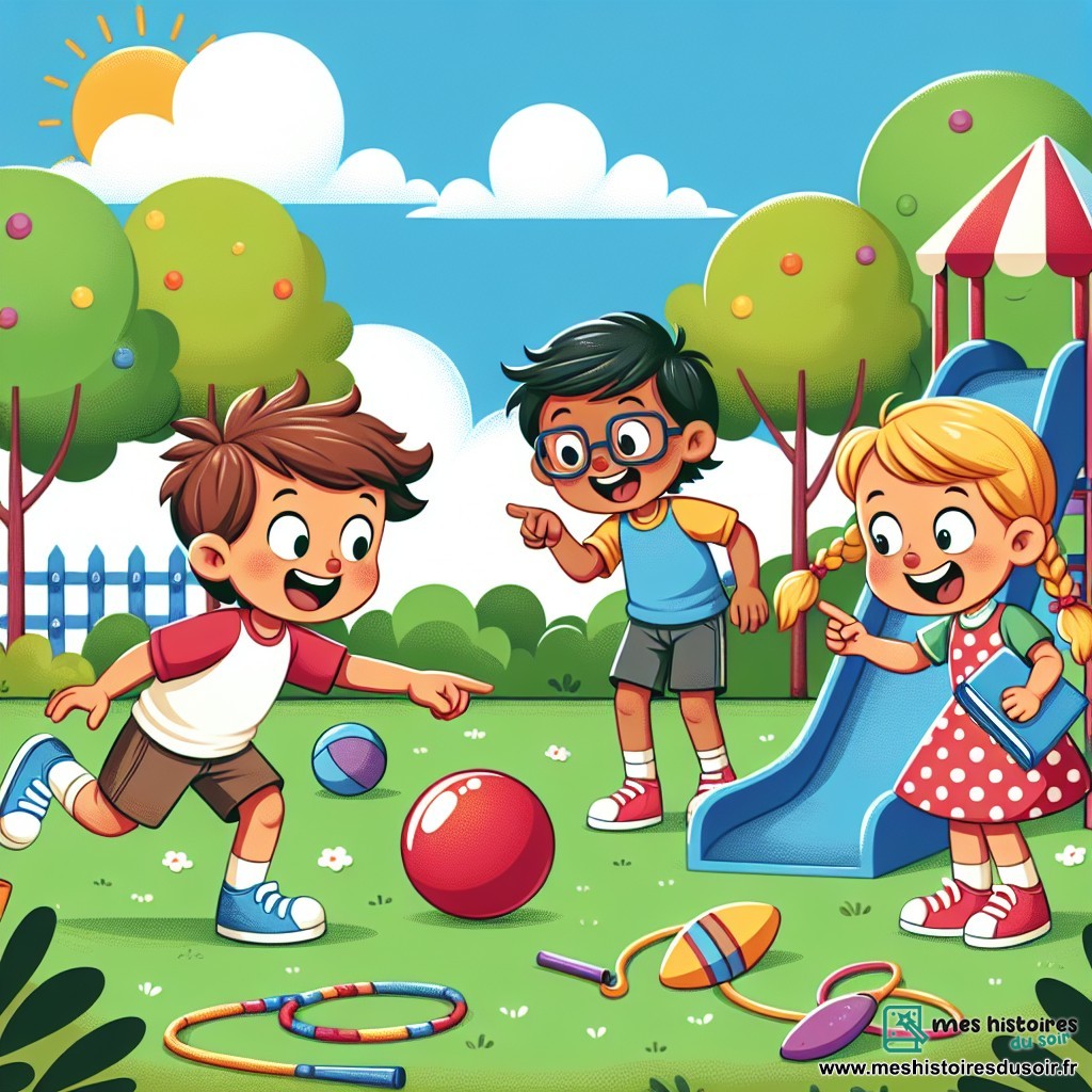 Illustration d'une cour d'école ensoleillée avec des arbres verts et un toboggan coloré. Au premier plan, un garçon de 7 ans aux cheveux bruns en bataille et un t-shirt rouge observe un ballon rouge brillant caché derrière le toboggan. À ses côtés, une fille de 6 ans avec des cheveux blonds tressés et une robe bleue à pois montre le ballon avec un grand sourire. Un autre garçon de 7 ans, avec des cheveux noirs et des lunettes, tient un livre bleu sous son bras et regarde la scène. Les trois amis cherchent le ballon perdu, entourés de jouets éparpillés, comme une corde à sauter et une balle de tennis. Le ciel est bleu avec quelques nuages blancs, créant une ambiance joyeuse et ludique.