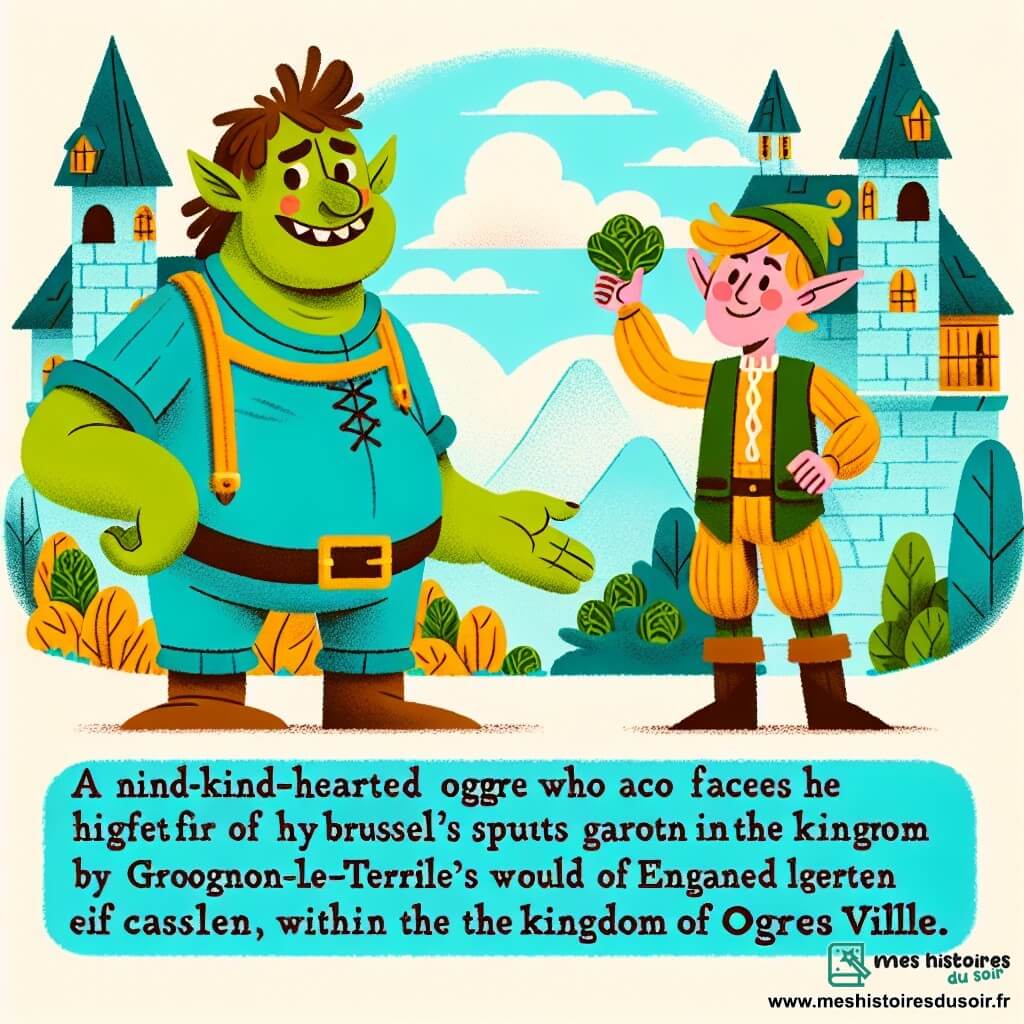 Une illustration destinée aux enfants représentant un ogre au grand cœur confronté au vol de ses choux de Bruxelles par des lutins farceurs, dans le jardin enchanté du château de Grognon-le-Terrible, au royaume d'Ogreville.