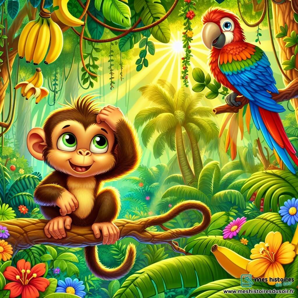 Illustration destinée aux enfants représentant une jungle luxuriante, avec des arbres géants aux feuilles vertes brillantes, des lianes suspendues et des fleurs colorées éparpillées sur le sol. Au centre, un singe espiègle avec un pelage brun doré, des yeux pétillants de malice, se tient sur une branche, grattant sa tête avec une expression perplexe, tandis qu'il regarde autour de lui à la recherche de bananes. À ses côtés, un perroquet aux plumes éclatantes de rouge, bleu et jaune, vole en cercle, avec un sourire amusé, en criant des encouragements. La scène dégage une atmosphère joyeuse et ludique, avec des bananes dorées suspendues aux branches, et des rayons de soleil filtrant à travers le feuillage, illuminant l'aventure de ces deux amis à la recherche de leur fruit préféré.