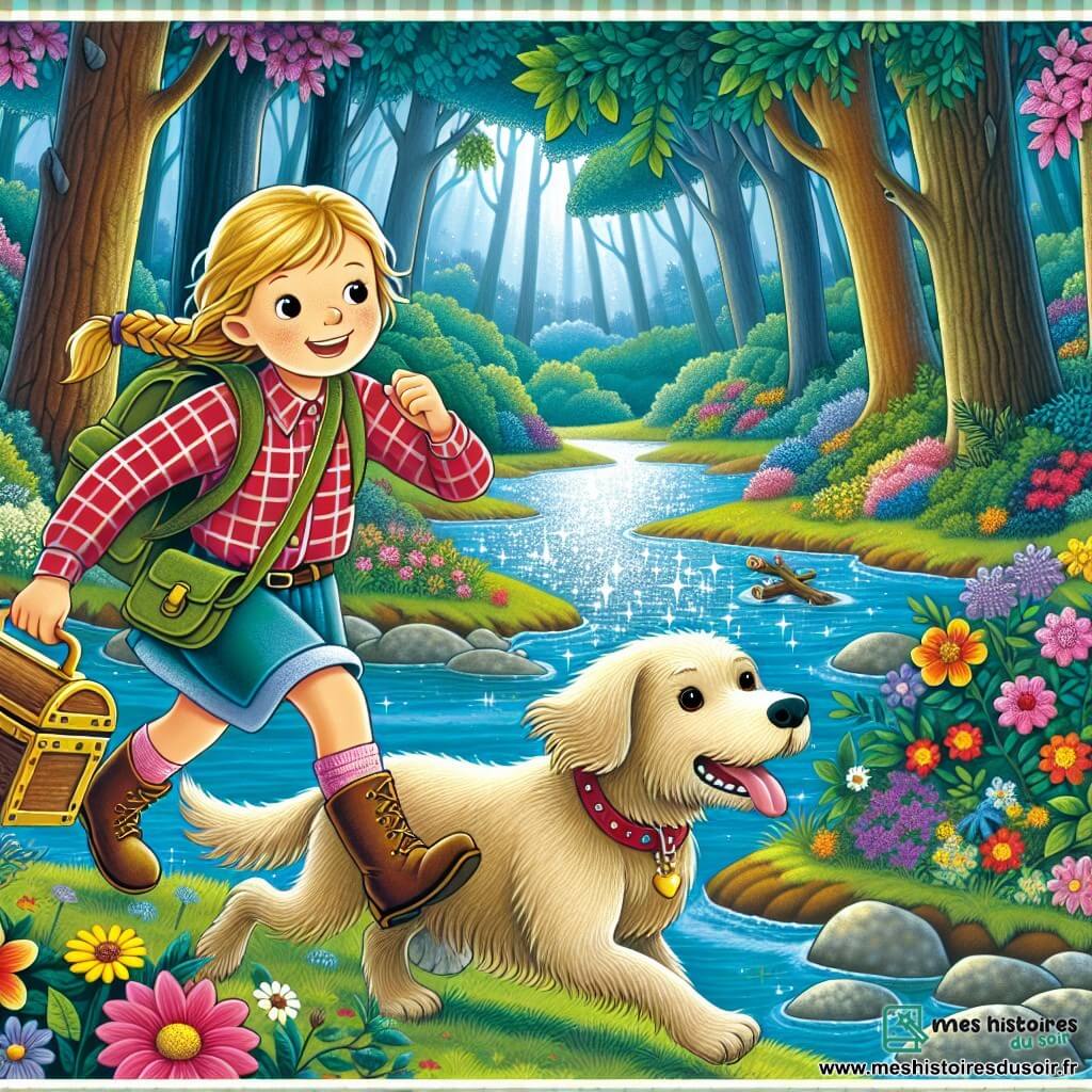 Une illustration destinée aux enfants représentant une jeune fille vive et curieuse, partant en exploration avec son fidèle chien Max, à la découverte d'un trésor caché près d'un ruisseau scintillant au cœur d'une forêt fleurie et colorée.
