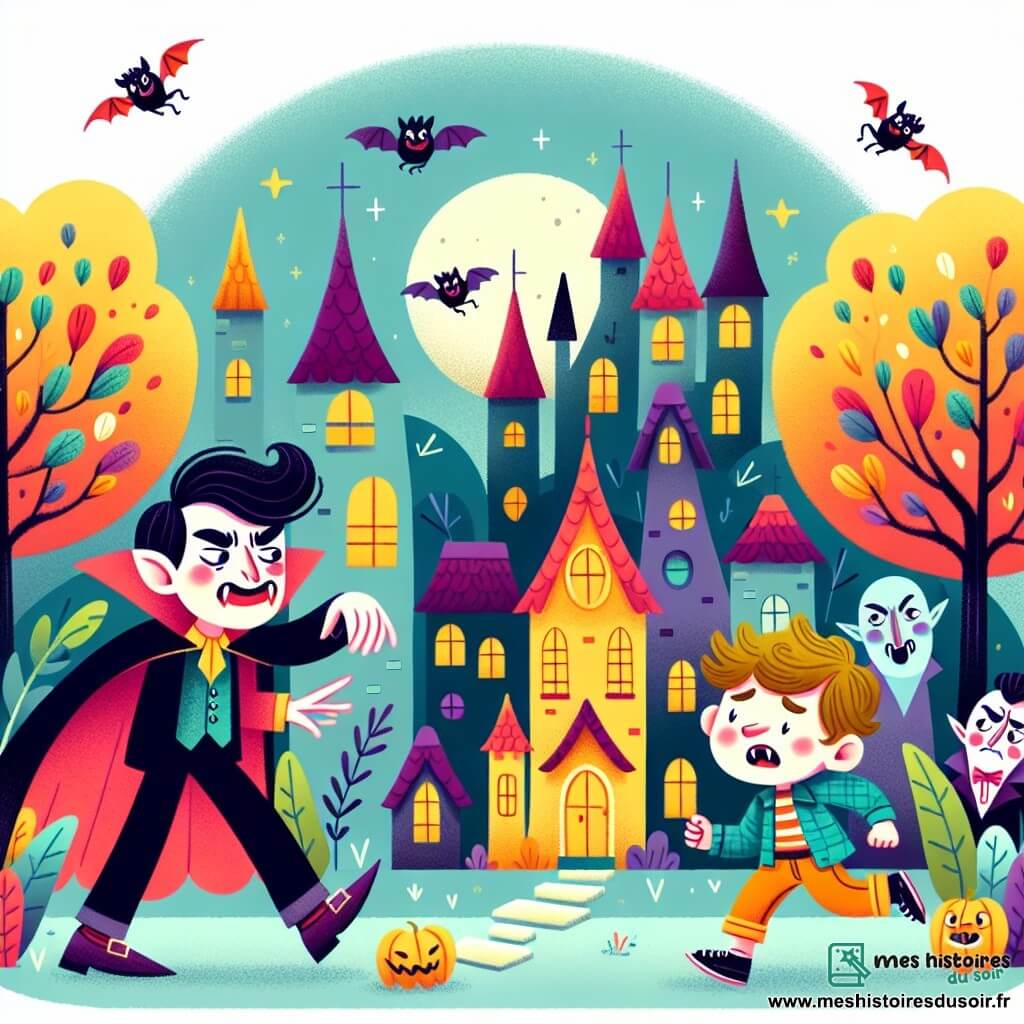 Une illustration destinée aux enfants représentant une vampire maladroite découvrant un village de vampires farfelus, accompagnée d'un garçon curieux, au cœur d'un village aux maisons en forme de château colorées et aux arbres aux feuilles lumineuses, dans un royaume fantastique enchanté.