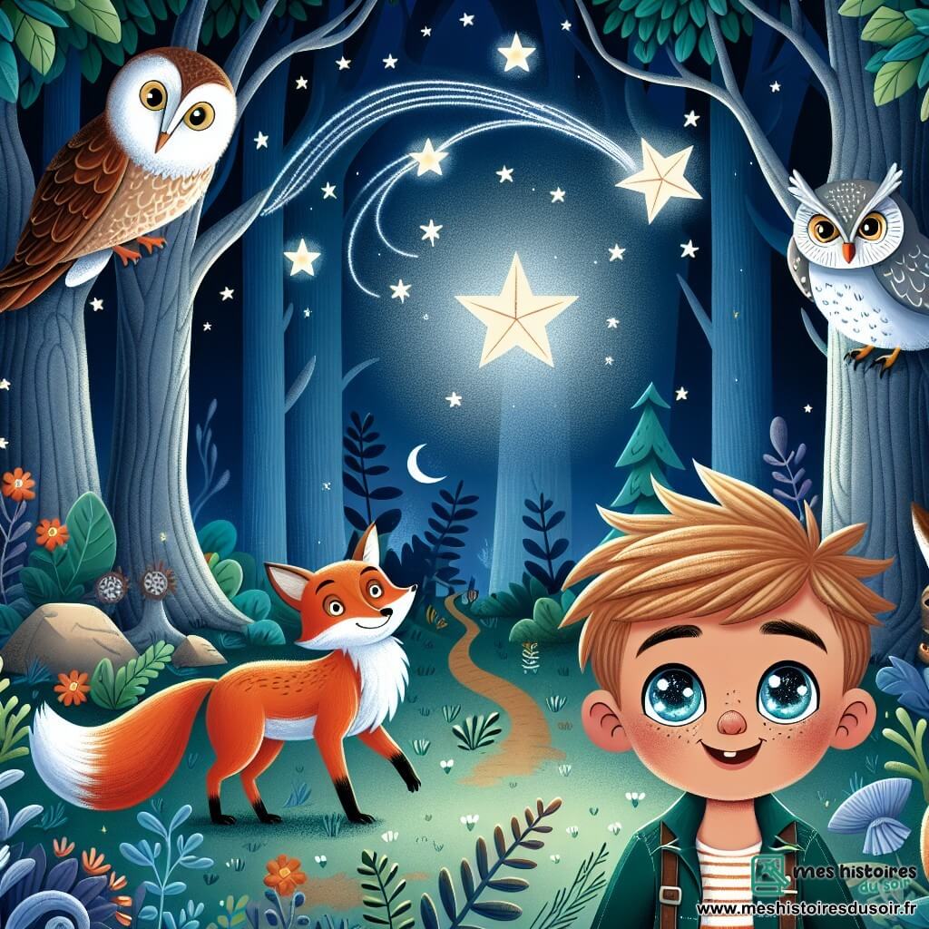 Une illustration destinée aux enfants représentant un petit garçon aux yeux pétillants se tenant devant une étoile filante dans une forêt enchantée habitée par des créatures magiques, telles qu'un renard rusé et un hibou sage.