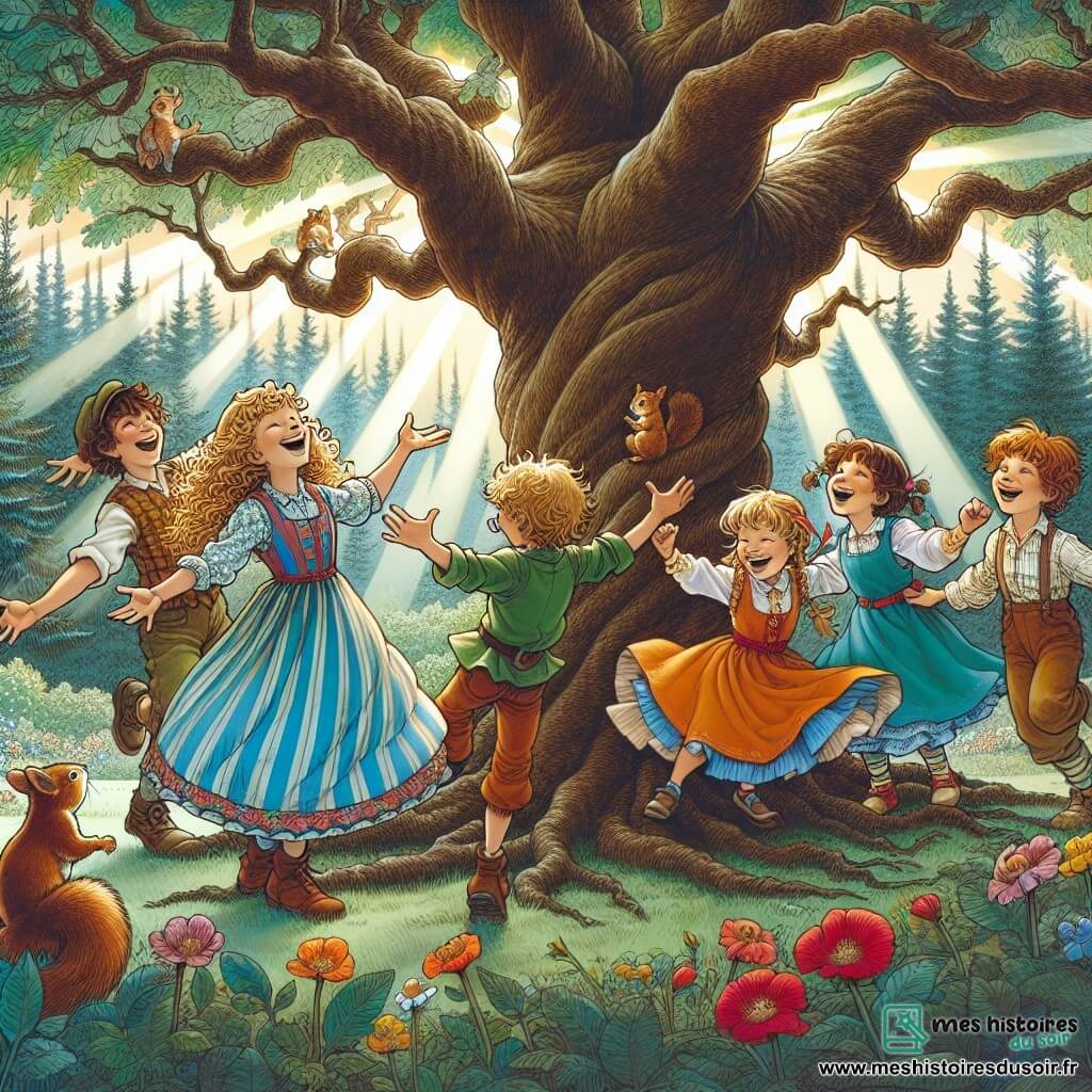 Une illustration sous forme de dessin destinée aux enfants représentant une clairière enchantée dans la forêt de Choupinville, où un groupe de cinq enfants de 11 ans, deux filles aux cheveux bouclés et un garçon aux lunettes, tous vêtus de vêtements colorés, dansent joyeusement autour d'un grand chêne, tentant de faire rire un arbre avec des gestes comiques et des rires éclatants, tandis qu'un petit écureuil curieux les observe depuis une branche, et des rayons de soleil percent à travers les feuilles, illuminant la scène d'une atmosphère magique et joyeuse.