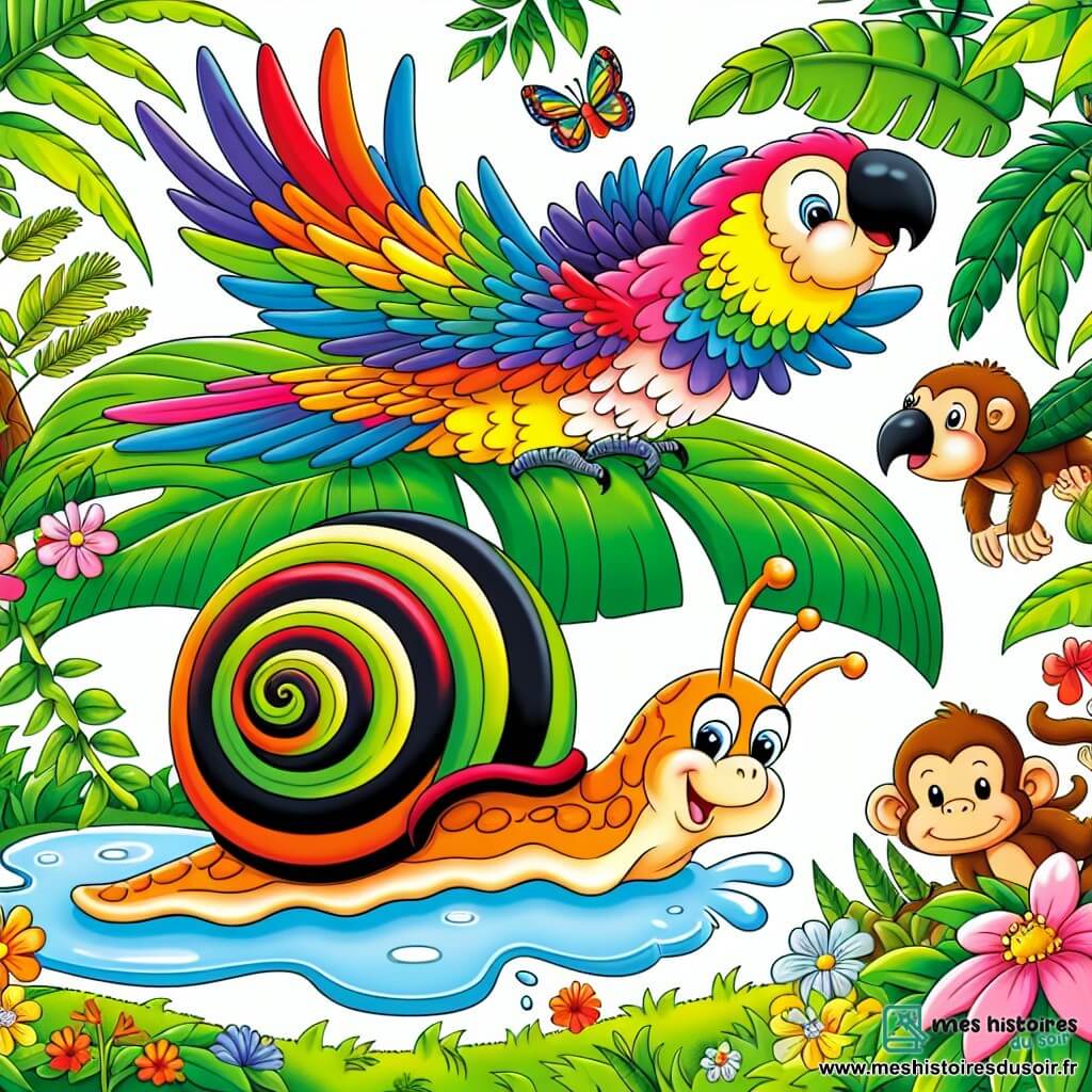 Une illustration sous forme de dessin destinée aux enfants représentant une jungle vibrante et colorée, avec un escargot souriant à la coquille rayée qui court rapidement sur une feuille verte brillante, tandis qu'un perroquet aux plumes éclatantes survole joyeusement, cherchant un chapeau perdu flottant dans une flaque d'eau, entouré de fleurs exotiques et de singes curieux qui les observent avec amusement.