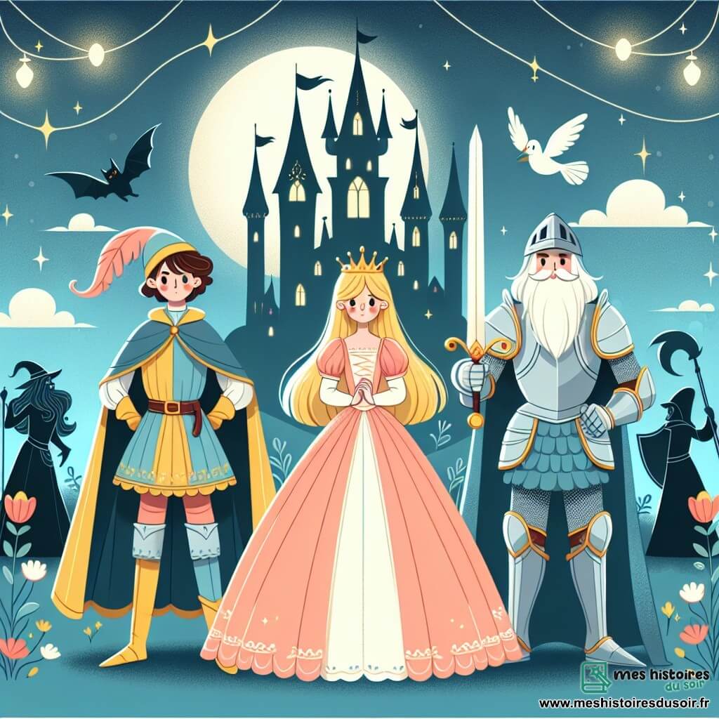 Une illustration destinée aux enfants représentant une princesse courageuse affrontant un sorcier maléfique aux côtés de son fidèle chevalier, dans un royaume lointain et enchanté, où la lumière et l'amour triomphent des ténèbres.