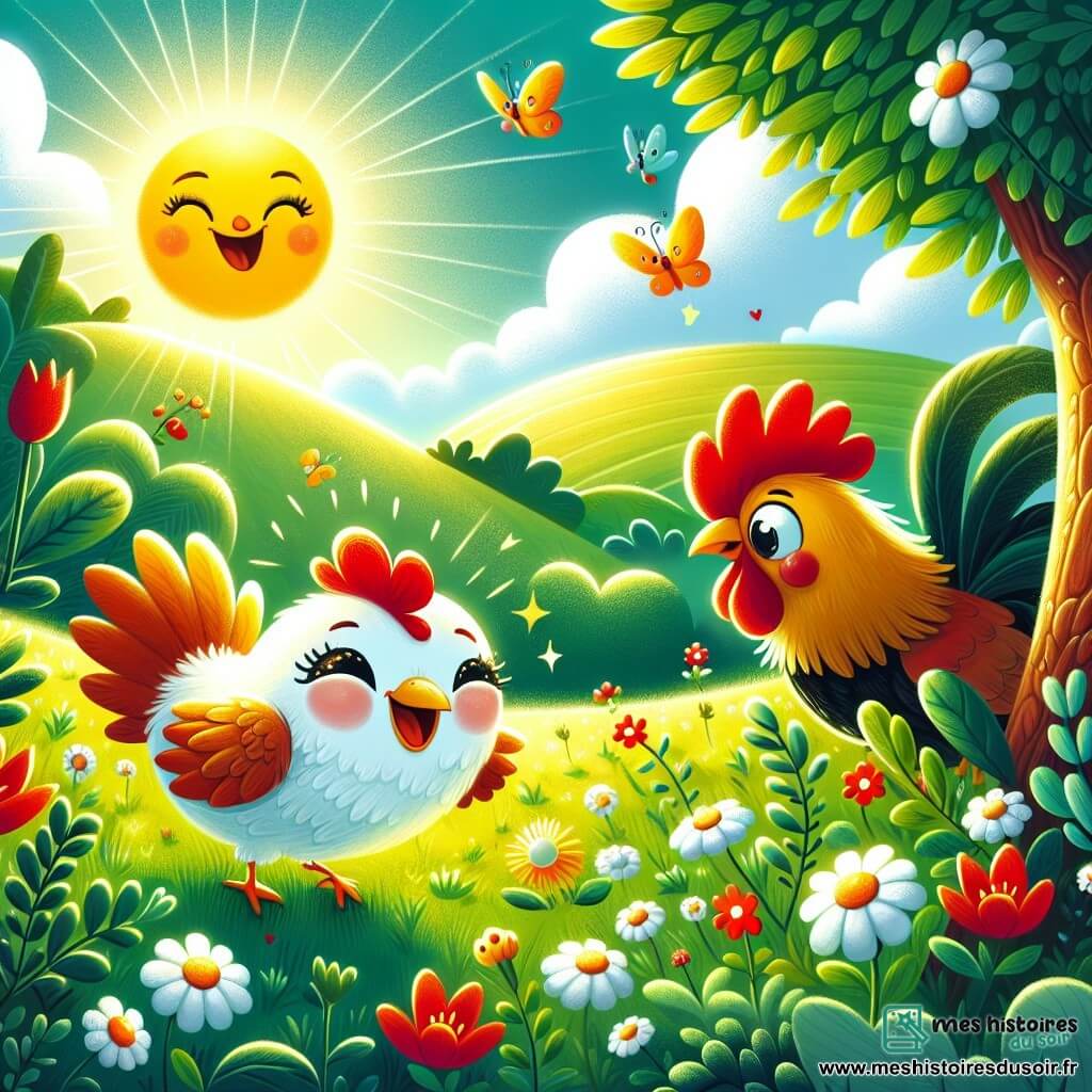 Illustration destinée aux enfants représentant un champ verdoyant baigné par la lumière dorée du soleil, avec des fleurs colorées qui dansent au gré du vent. Au centre, une poule aux plumes blanches et dorées, avec un petit bec curieux et des yeux pétillants, se tient en train de rire joyeusement en cherchant son ami. À côté, un petit coq au plumage brillant et rouge, avec une crête flamboyante, se cache derrière un grand arbre, prêt à faire un bruit amusant. L'atmosphère est pleine de gaieté, avec des nuages moelleux dans le ciel bleu et des papillons virevoltant autour, capturant l'instant d'un jeu de cache-cache plein de rires et d'amitié.