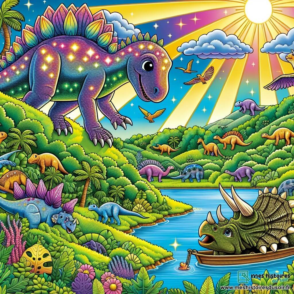 Une illustration destinée aux enfants représentant un stégosaure brillant sous le soleil, venant en aide à des tricératops pris au piège, dans une vallée luxuriante peuplée de dinosaures variés et majestueux.