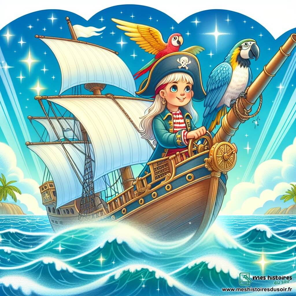 Une illustration destinée aux enfants représentant une capitaine intrépide (fille) naviguant vers un trésor légendaire, accompagnée de son fidèle perroquet (garçon) perché sur son épaule, sur un navire majestueux voguant à travers des vagues scintillantes de l'océan bleu azur.