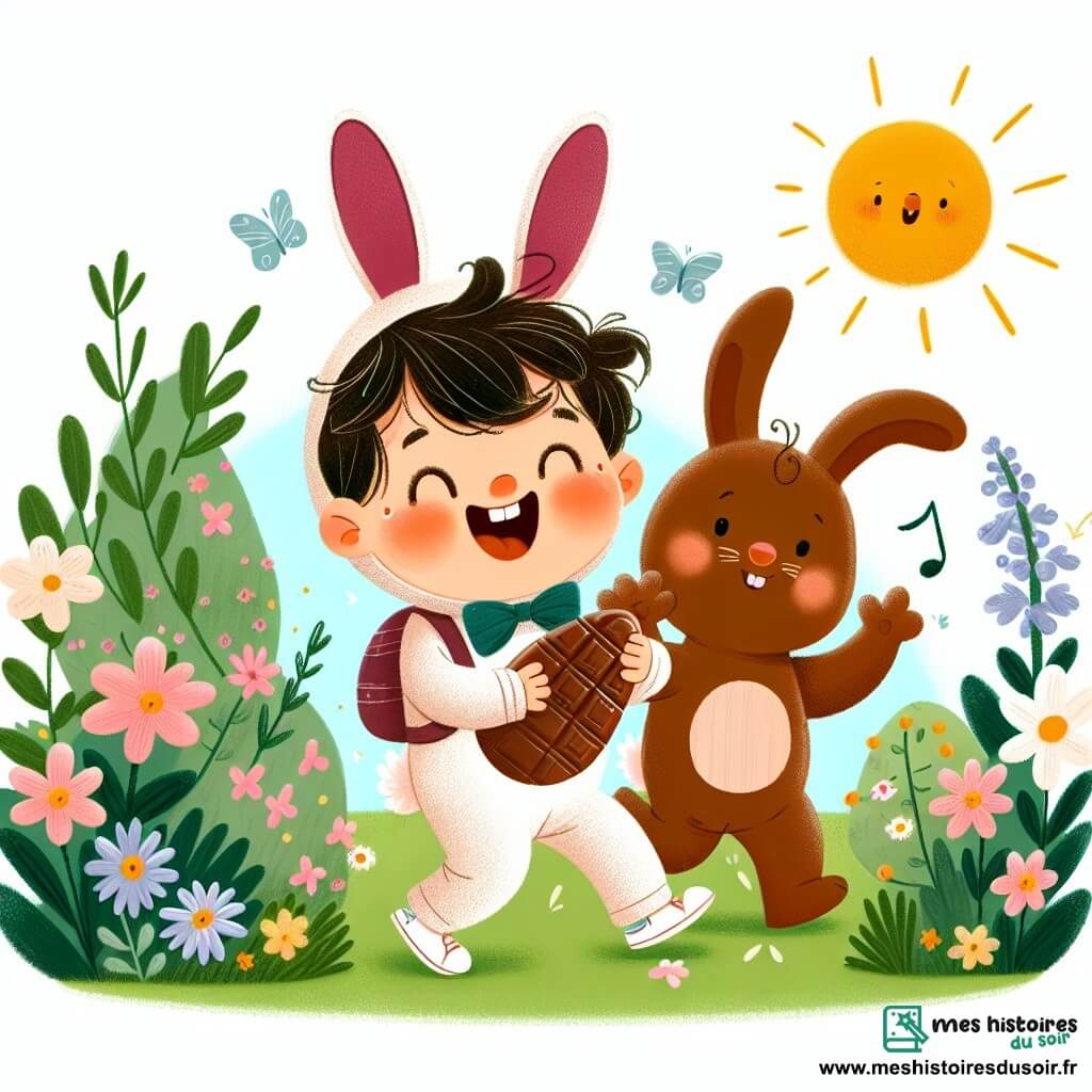 Une illustration destinée aux enfants représentant un petit garçon joyeux et espiègle en costume de lapin, partant à la chasse aux œufs en chocolat avec son ami le lapin en chocolat, dans un jardin fleuri et ensoleillé de Lapinville.