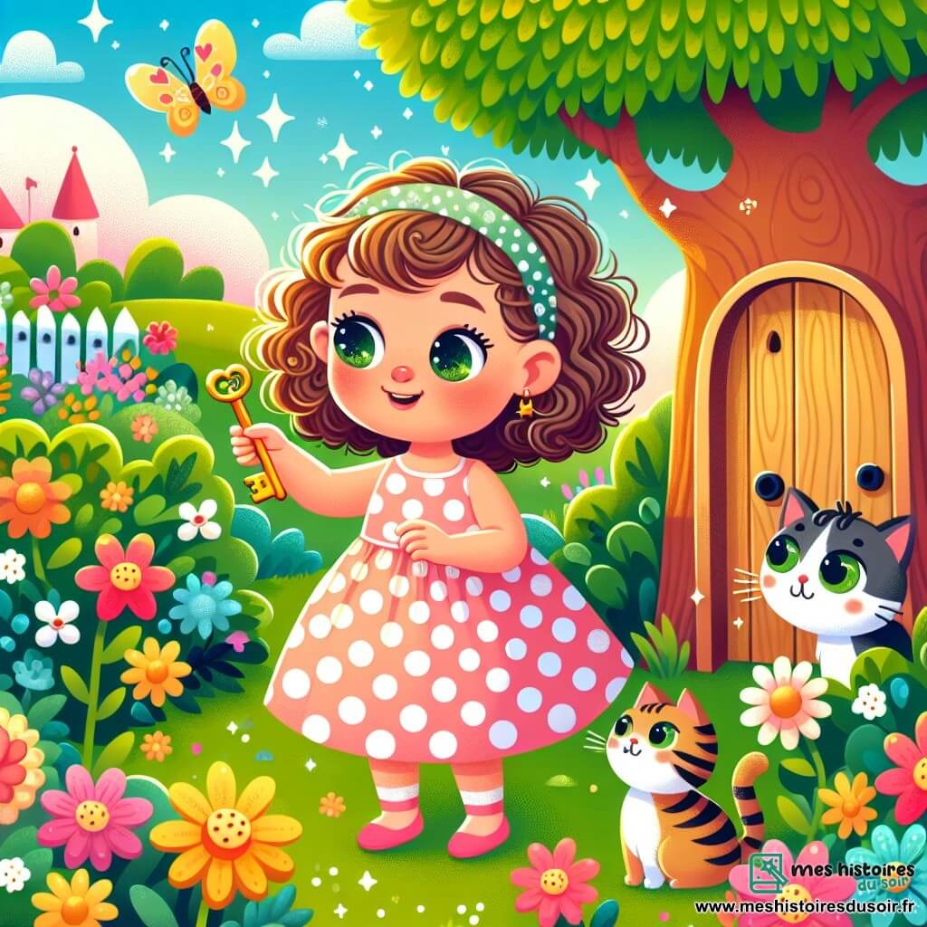 Une illustration sous forme de dessin destinée aux enfants représentant un jardin ensoleillé rempli de fleurs colorées et d'arbres verdoyants, où une petite fille de 2 ans aux cheveux bouclés et aux yeux pétillants, vêtue d'une robe à pois, tient une petite clé brillante dans sa main tout en regardant avec curiosité une porte en bois cachée sous un arbre, tandis qu'un chat tigré aux yeux verts, assis à ses côtés, l'observe avec un air intrigué, le tout évoquant une atmosphère magique d'aventure et de découverte.