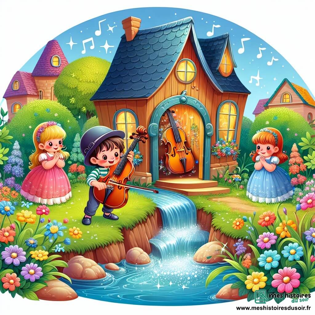 Une illustration destinée aux enfants représentant un musicien passionné, un garçon, découvrant une maison musicale enchantée avec deux enfants, une fille et un garçon, cachés derrière un violon, dans un petit village charmant entouré de fleurs colorées et d'une rivière étincelante.