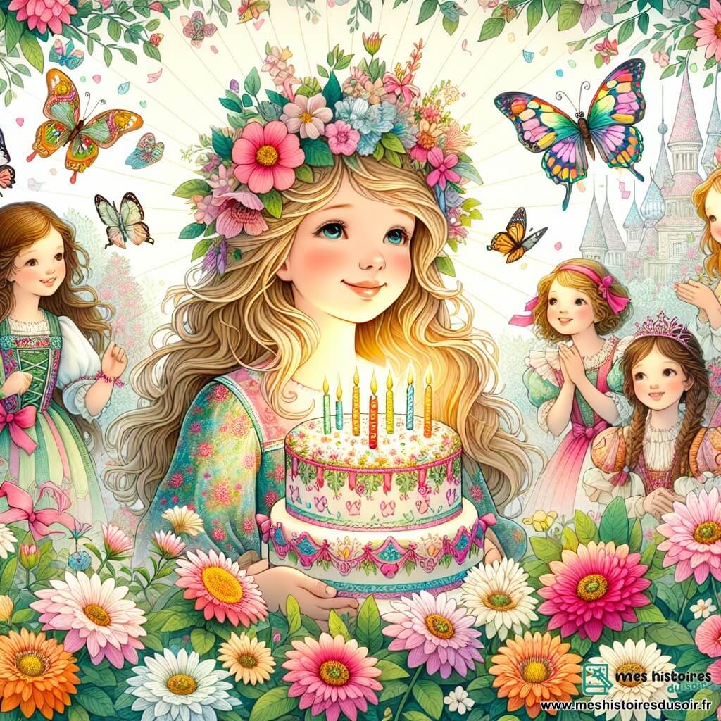 Une illustration destinée aux enfants représentant une jeune fille rayonnante lors de son anniversaire, entourée de ses amis, dans un jardin enchanté aux fleurs multicolores et aux papillons virevoltants.