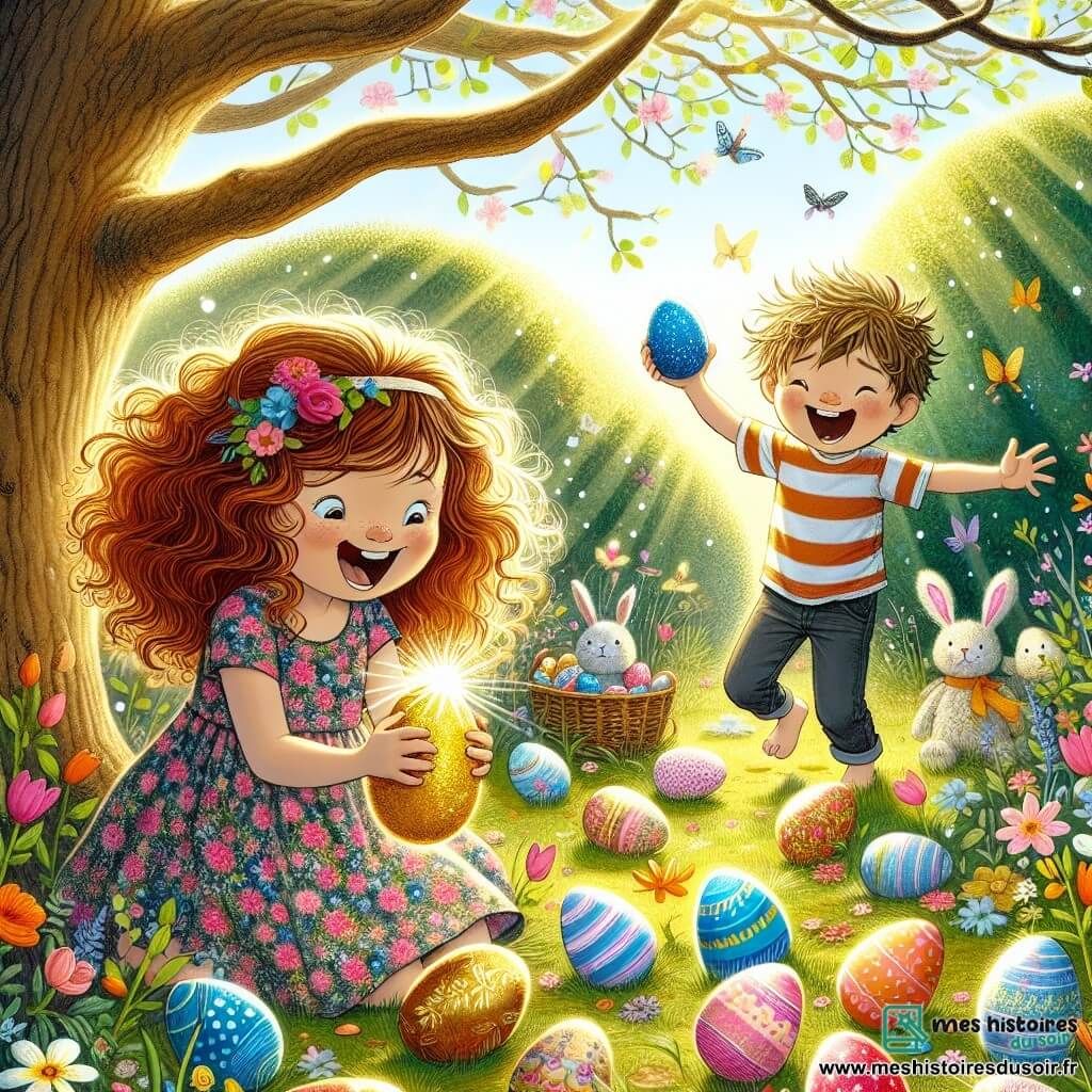 Illustration destinée aux enfants représentant un jardin ensoleillé, rempli de fleurs colorées et d'œufs de Pâques peints à la main, où une petite fille de 11 ans, aux cheveux châtains bouclés et portant une robe à fleurs, s'agenouille avec un sourire émerveillé en découvrant un œuf doré brillant caché près d'un grand chêne. À ses côtés, son petit frère de 6 ans, avec des cheveux blonds en bataille et une t-shirt rayé, saute de joie en brandissant un œuf bleu éclatant. L'atmosphère est joyeuse et magique, avec des lapins en peluche éparpillés autour et des rayons de soleil filtrant à travers les branches des arbres, créant une ambiance festive et chaleureuse.