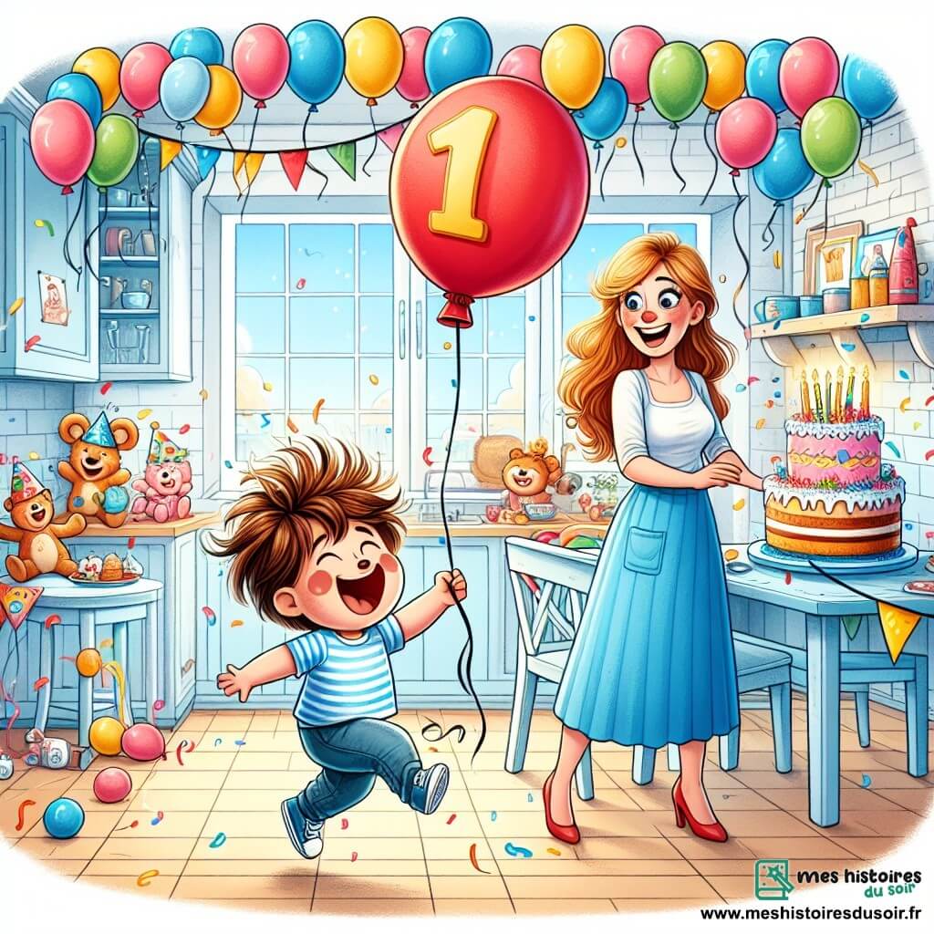 Une illustration sous forme de dessin destinée aux enfants représentant une joyeuse cuisine décorée de ballons colorés et d'un gâteau bleu sur la table, où un petit garçon de 1 an, avec des cheveux bruns en bataille et un sourire éclatant, tient un gros ballon rouge et danse avec enthousiasme, tandis que sa maman, une femme souriante aux cheveux longs et blonds, prépare le gâteau, et son papa, un homme aux cheveux courts et bruns, entre dans la pièce en criant "Surprise !" avec des amis aux visages joyeux, tous célébrant un anniversaire magique rempli de rires et de bonheur.