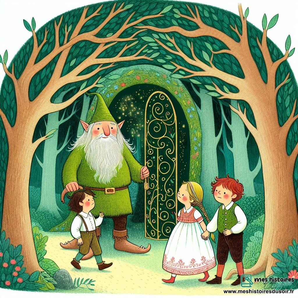 Une illustration destinée aux enfants représentant un ogre au regard bienveillant se tenant devant une porte magique dans une forêt enchantée, accompagné d'une fille aux cheveux blonds et d'un garçon aux cheveux roux, entourés d'arbres aux branches formant des arcs au-dessus de leurs têtes, créant un tunnel vert et mystérieux.