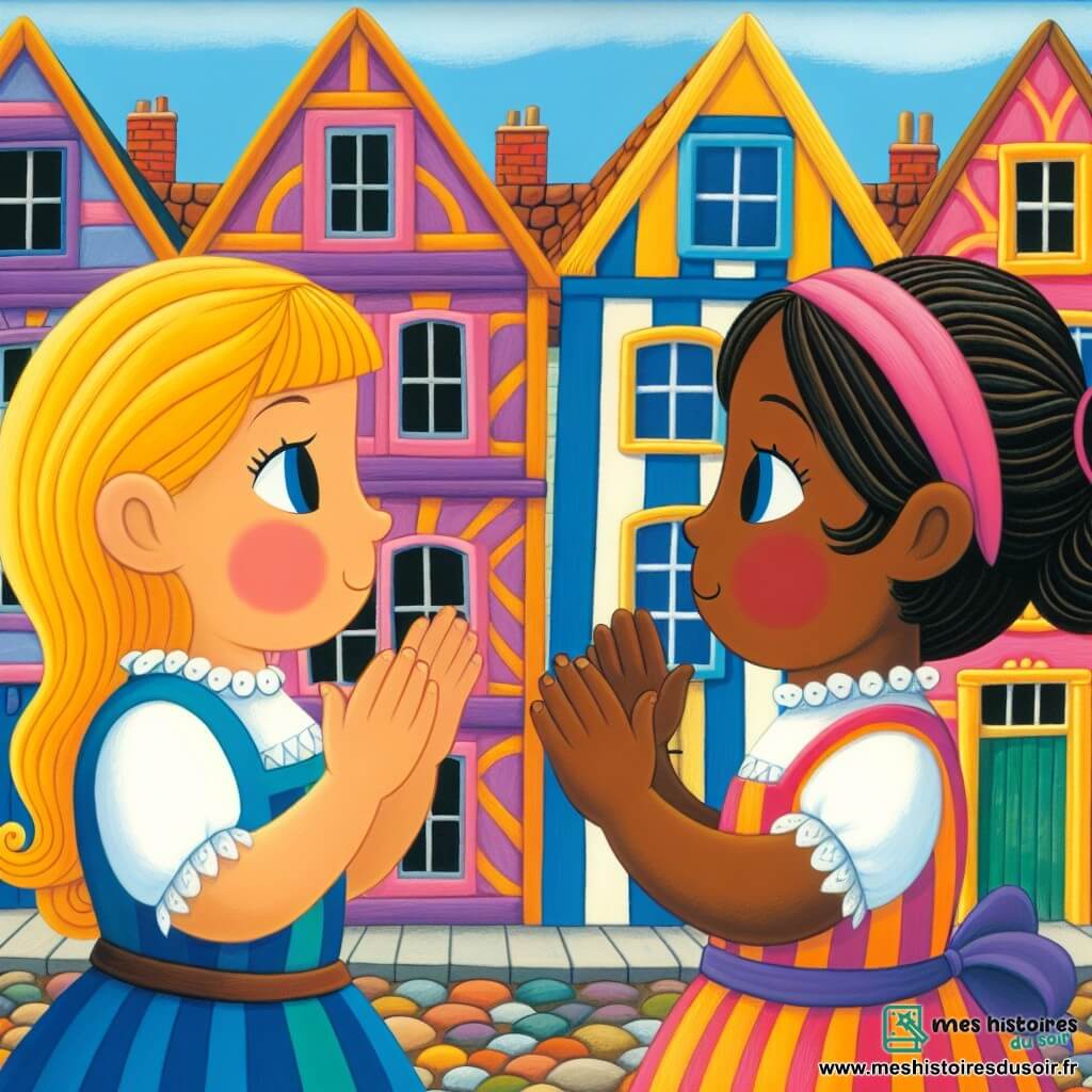 Une illustration destinée aux enfants représentant une fillette aux cheveux blonds et une autre aux cheveux noirs, confrontées aux préjugés dans un village aux maisons colorées et aux ruelles pavées.