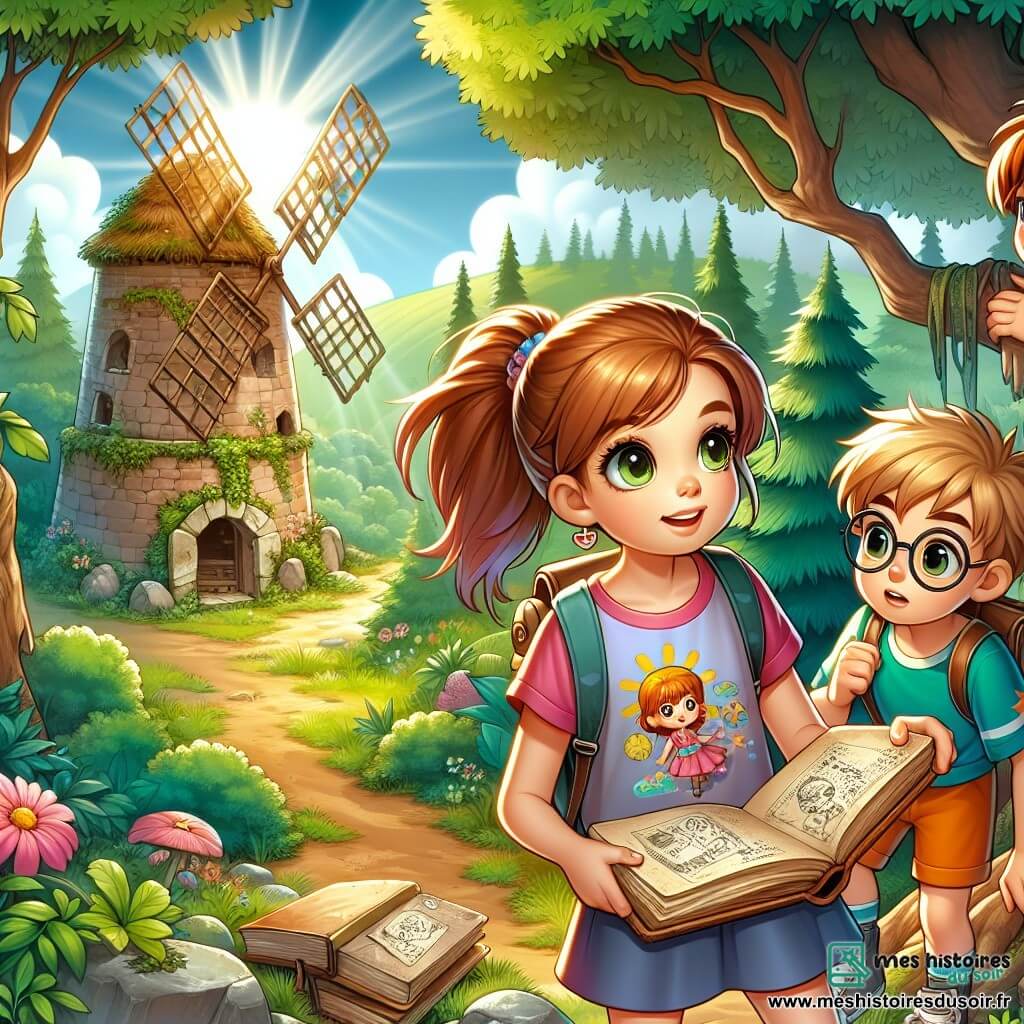 Une illustration sous forme de dessin destinée aux enfants représentant une clairière ensoleillée au cœur d'une forêt verdoyante, où une fille de 12 ans aux cheveux châtains et aux yeux pétillants, vêtue d'un t-shirt coloré et d'un short, examine un vieux carnet poussiéreux avec un air curieux, tandis qu'à ses côtés, un garçon rêveur aux lunettes rondes et une fille sportive aux cheveux en queue de cheval scrutent un vieux moulin à vent en ruine, tous les trois plongés dans une quête mystérieuse à la recherche d'indices pour découvrir un trésor caché.
