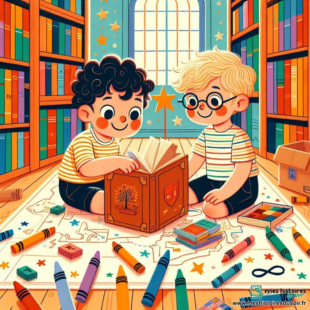Une illustration sous forme de dessin destinée aux enfants représentant une bibliothèque chaleureuse, avec des étagères remplies de livres colorés, où un garçon de 2 ans aux cheveux bouclés et aux yeux pétillants, vêtu d'un t-shirt rayé et d'un short, est assis sur le sol en train d'explorer un vieux livre poussiéreux, tandis qu'à ses côtés, un autre garçon de 2 ans aux cheveux blonds et aux lunettes rondes, souriant et curieux, l'aide à déterrer une boîte cachée sous un grand arbre dessiné sur la carte, entourés de crayons de toutes les couleurs et d'étoiles en papier, illustrant leur quête joyeuse pour découvrir un trésor caché.