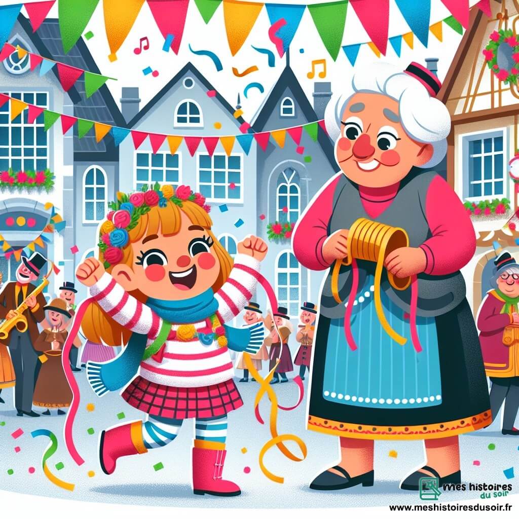 Une illustration destinée aux enfants représentant une fillette impatiente et joyeuse, se préparant pour le grand carnaval annuel avec l'aide de sa grand-mère dans un village coloré et animé, plein de guirlandes multicolores et de musiques enjouées.