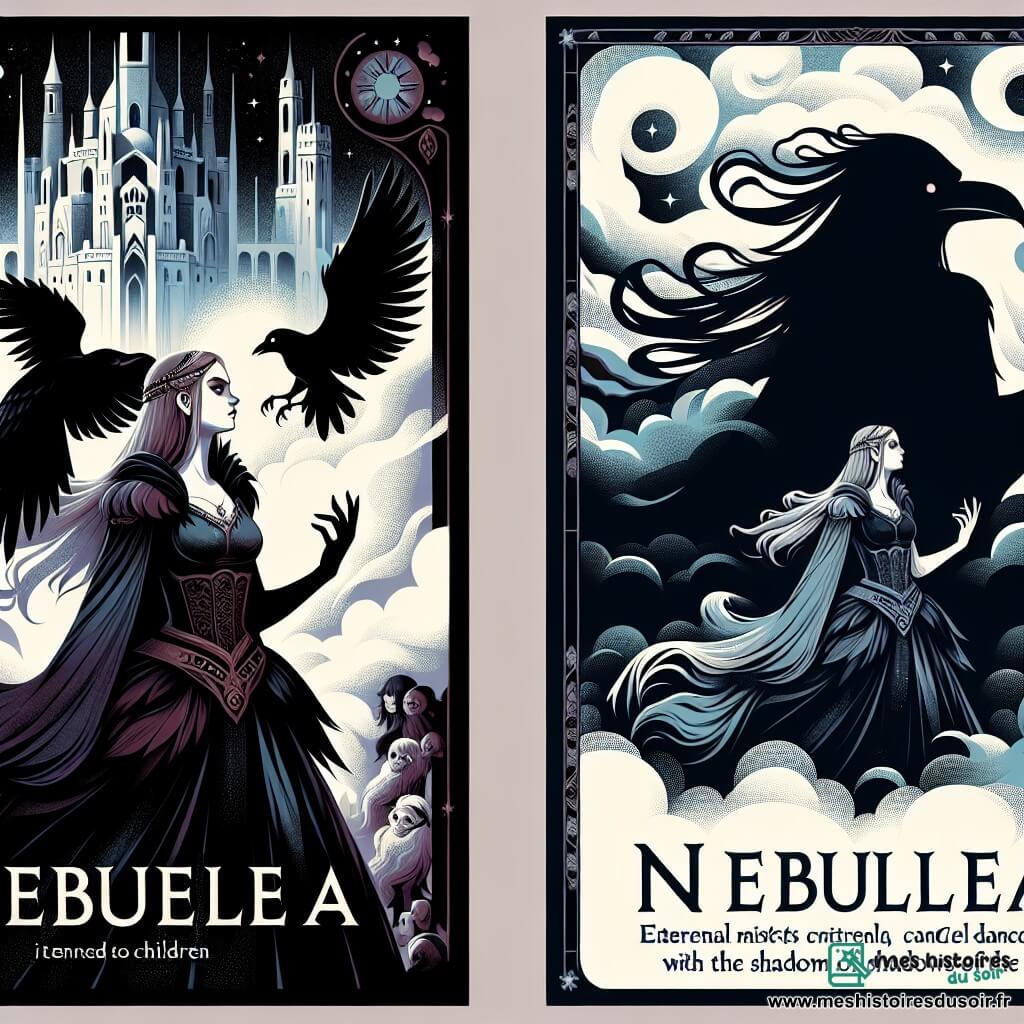 Une illustration destinée aux enfants représentant une femme mystérieuse et puissante, accompagnée d'un corbeau noir, affrontant l'ombre menaçante dans le royaume de Nébulea, où les brumes éternelles dansaient avec les ombres de la nuit.