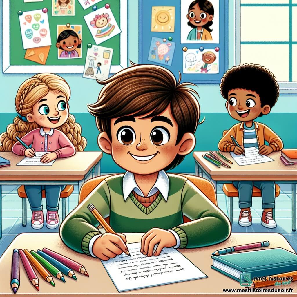 Une illustration sous forme de dessin destinée aux enfants représentant une salle de classe lumineuse avec des murs colorés, où un garçon de 9 ans aux cheveux bruns et aux lunettes rondes, souriant et concentré, est assis à son bureau en train d'écrire son devoir sur une feuille de papier, tandis qu'autour de lui, deux camarades de classe, une fille aux cheveux blonds tressés et un garçon aux cheveux noirs, échangent des idées et dessinent des illustrations sur leurs propres feuilles, créant une ambiance joyeuse et collaborative, symbolisant l'excitation et l'apprentissage d'une nouvelle année scolaire.