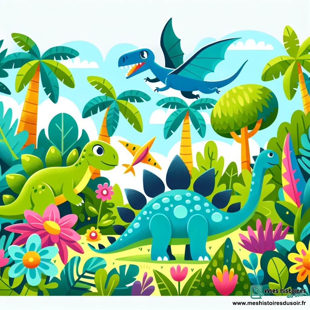 Une illustration destinée aux enfants représentant un stégosaure curieux et courageux, une dinosaure bleue pleine de vie et une ptéranodon audacieuse, évoluant dans un paradis luxuriant et coloré.