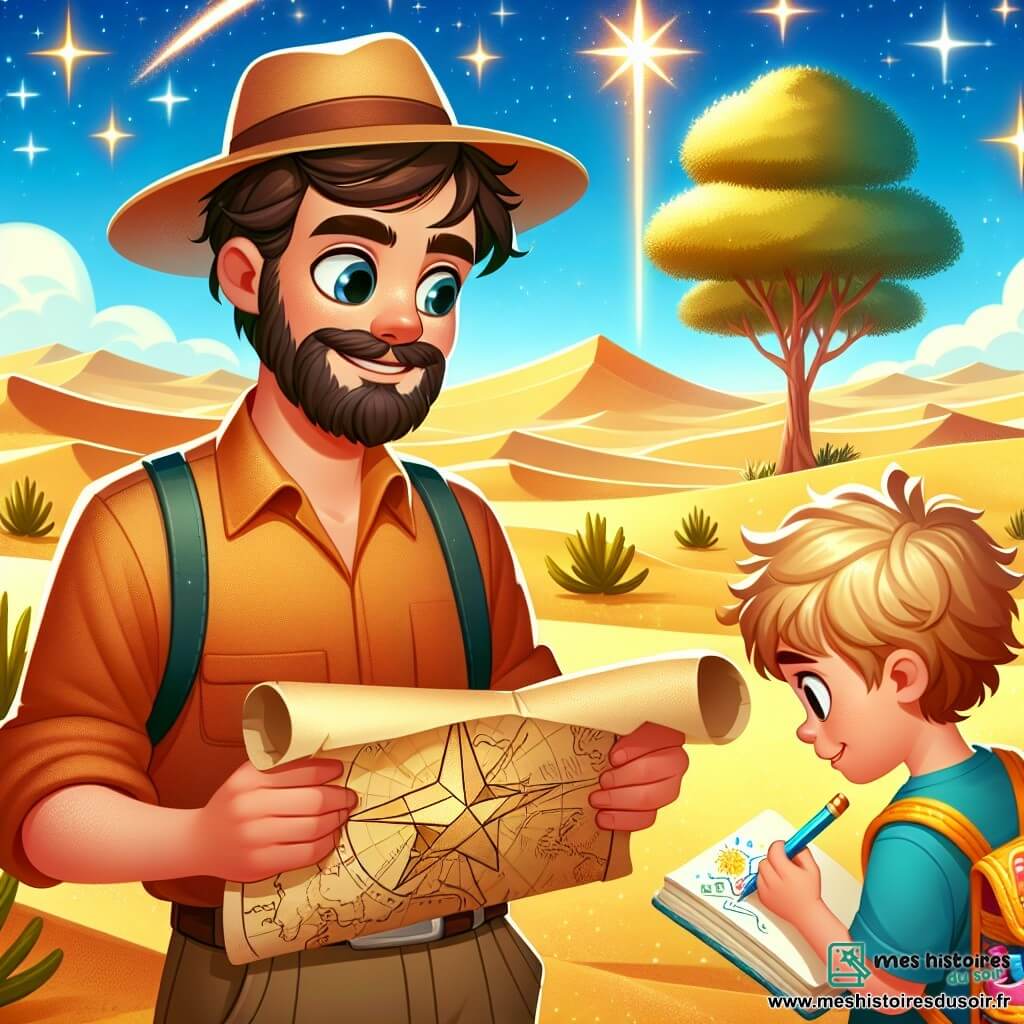 Une illustration sous forme de dessin destinée aux enfants représentant un vaste désert doré sous un ciel bleu éclatant, où un homme aux cheveux bruns et à la barbe légère, vêtu d'une chemise à manches courtes et d'un chapeau d'explorateur, examine une vieille carte avec un regard déterminé, tandis qu'à ses côtés, un jeune garçon aux cheveux blonds, portant un sac à dos coloré, dessine un grand arbre aux fruits colorés sur son carnet, tous deux prêts à découvrir les trésors cachés du Désert des Étoiles, entourés de dunes scintillantes et d'une oasis lointaine.