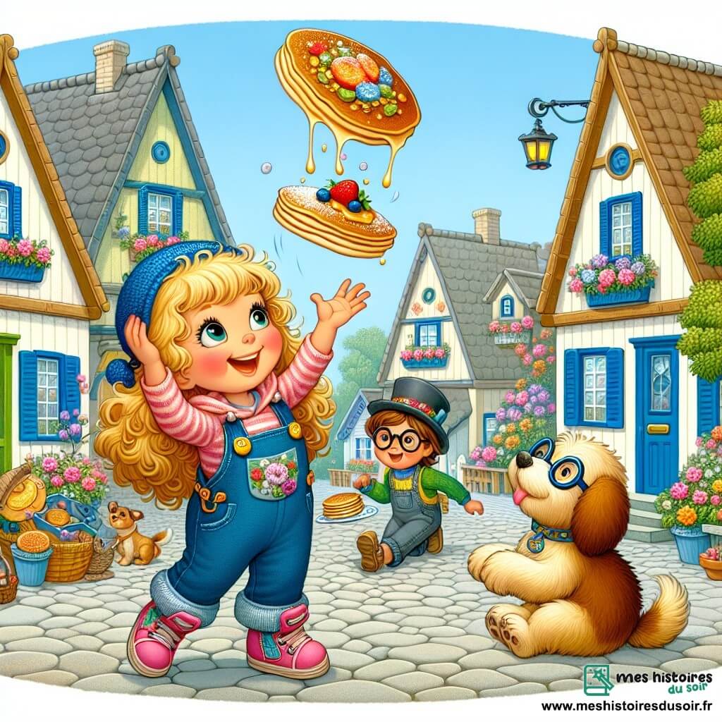 Une illustration sous forme de dessin destinée aux enfants représentant une place de village animée, ornée de maisons colorées aux volets bleus et de jardins fleuris, où une fille de 12 ans aux cheveux bouclés couleur miel, vêtue d'une salopette à bretelles, s'apprête à lancer un pancake scintillant dans les airs avec un grand sourire, tandis qu'un garçon aux lunettes rondes et un chapeau haut-de-forme, ainsi qu'une chienne espiègle au pelage doré, l'observent avec curiosité et amusement, capturant l'instant joyeux d'un concours farfelu de lancer de pancakes.