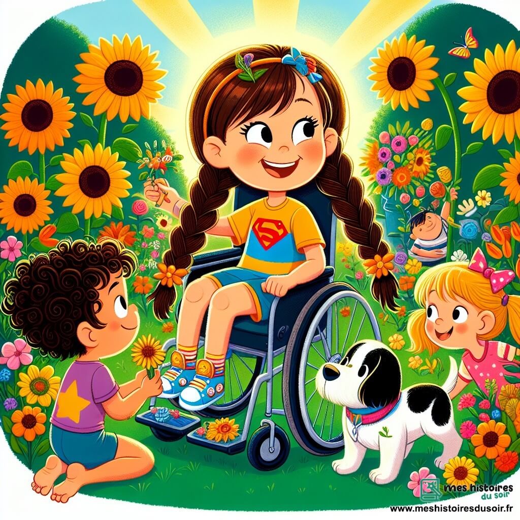 Une illustration sous forme de dessin destinée aux enfants représentant un jardin coloré et ensoleillé, où une petite fille de 5 ans aux longs cheveux bruns tressés, souriante et pleine de vie, est assise dans son fauteuil roulant, entourée de fleurs éclatantes et de tournesols géants, tandis qu'elle joue joyeusement avec un petit chien noir aux taches blanches, et que deux enfants, un garçon aux cheveux bouclés portant un t-shirt de super-héros et une fille avec des couettes, l'observent avec émerveillement, illustrant ainsi l'amitié et l'acceptation dans un monde où les rêves et les aventures sont à la portée de tous, peu importe les défis.