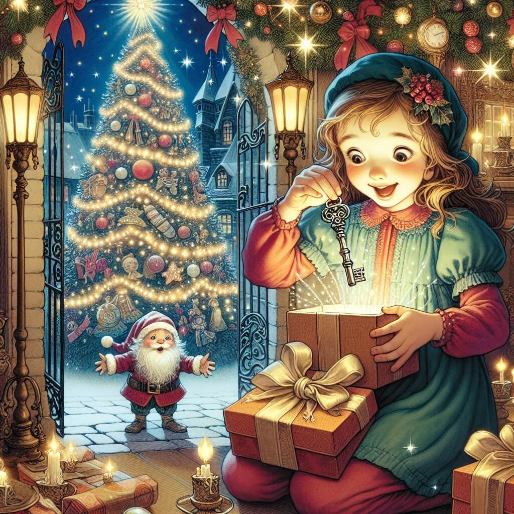 Une illustration destinée aux enfants représentant une jeune fille pleine d'excitation, déballant un mystérieux cadeau sous un grand sapin décoré, avec une petite clé en argent dans les mains, découvrant derrière la porte mystérieuse un jardin enchanté illuminé de lumières scintillantes où elle rencontre un adorable lutin nommé Ludovic.