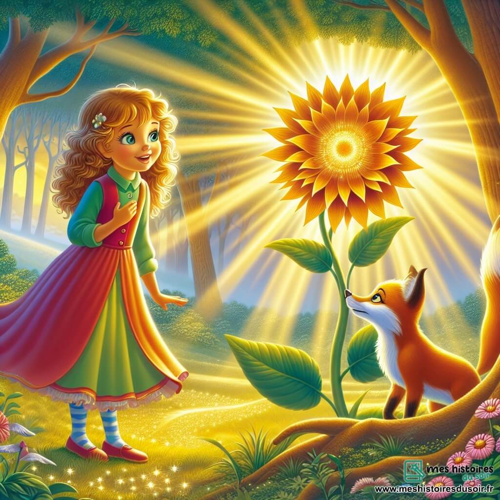 Une illustration sous forme de dessin destinée aux enfants représentant une clairière baignée de lumière dorée, où une fille de 12 ans aux cheveux bouclés et aux yeux pétillants, vêtue d'une robe colorée, se tient émerveillée devant une magnifique fleur aux pétales brillants, tandis qu'un renard aux yeux malicieux l'observe avec curiosité, symbolisant la quête de sens et de sagesse dans un monde enchanteur, entourée de doux rayons de soleil filtrant à travers les arbres majestueux.