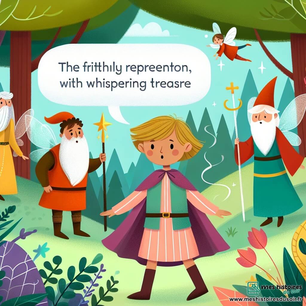 Une illustration destinée aux enfants représentant une jeune fille courageuse partant à la découverte d'un trésor magique avec ses fidèles amis, un chevalier, une fée et un magicien, dans une Forêt Enchantée aux arbres murmureurs et aux couleurs chatoyantes.
