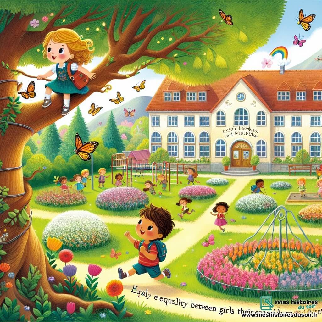 Une illustration destinée aux enfants représentant une petite fille pleine de vie et de curiosité, faisant preuve de courage et d'amitié avec un garçon nommé Lucas, explorant un grand jardin d'école avec un arbre immense aux branches parfaites pour grimper, offrant une vue magnifique sur des fleurs colorées et des papillons virevoltant, dans un décor enchanteur où l'égalité entre filles et garçons se révèle à travers des aventures extraordinaires.