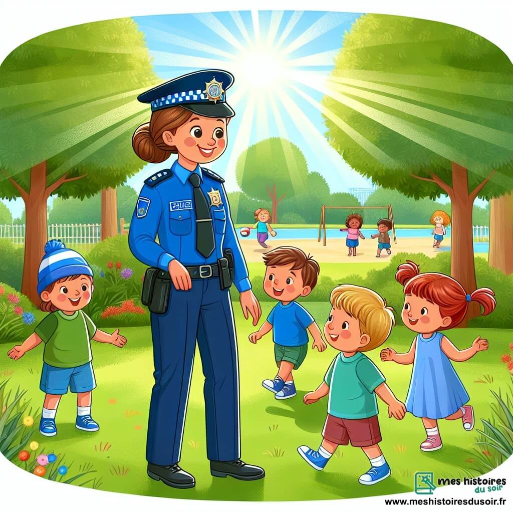 Une illustration sous forme de dessin destinée aux enfants représentant un parc ensoleillé avec des arbres verdoyants et des enfants jouant joyeusement, au centre, une policière souriante, une femme aux cheveux bruns attachés en chignon, portant un uniforme bleu et un badge, discutant avec un groupe d'enfants, dont un petit garçon aux cheveux blonds et une petite fille aux couettes rousses, qui l'écoutent attentivement tout en jouant avec un ballon, illustrant l'importance de la sécurité et de l'entraide dans leur communauté.