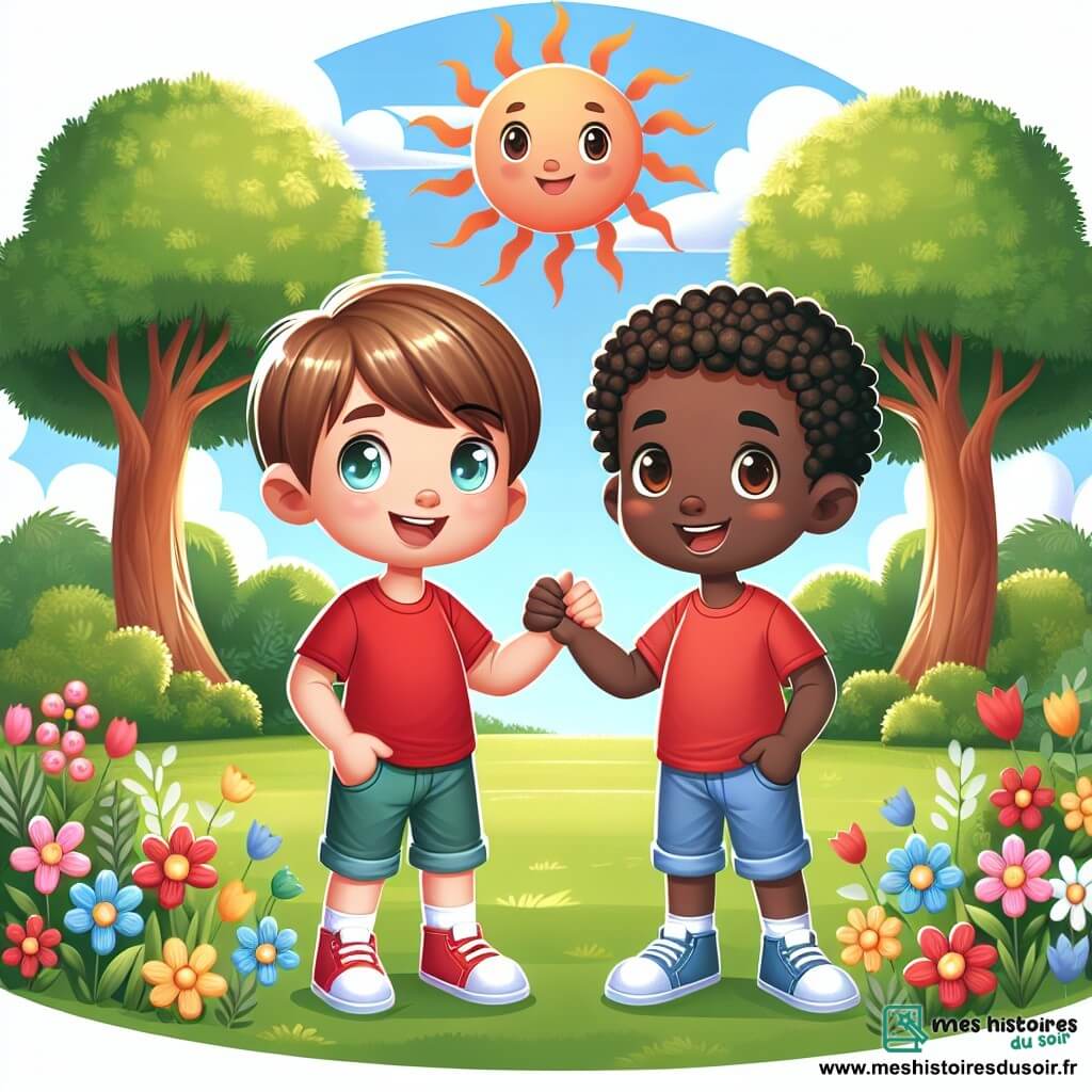 Une illustration sous forme de dessin destinée aux enfants représentant un parc ensoleillé avec des arbres verdoyants et des fleurs colorées, où un garçon de 7 ans aux cheveux bruns et aux yeux pétillants, vêtu d'un t-shirt rouge et d'un short bleu, se tient courageusement devant un groupe d'enfants, tandis qu'un autre garçon de 7 ans, d'origine africaine avec des cheveux frisés et un sourire chaleureux, se tient à ses côtés, tous deux défendant leur amitié face à des camarades qui se moquent de l'un d'eux à cause de sa couleur de peau, illustrant ainsi le thème de l'acceptation et du respect des différences.
