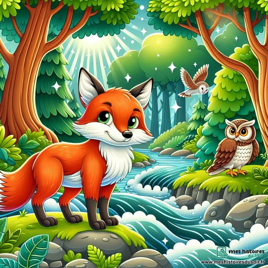 Une illustration destinée aux enfants représentant un malin renard roux se tenant au bord d'un torrent tumultueux, accompagné d'une chouette effrayée, dans une forêt verdoyante aux arbres majestueux et aux feuilles scintillantes sous les rayons du soleil.