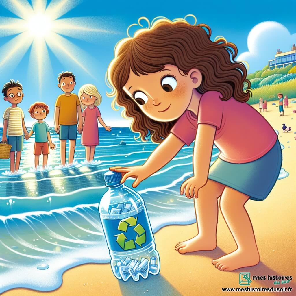 Une illustration destinée aux enfants représentant une jeune fille aux cheveux bruns bouclés découvrant un message écologique sur une bouteille en plastique brillante, accompagnée de ses amis et de sa famille, sur une plage de sable fin bordée par l'océan scintillant sous les rayons du soleil.
