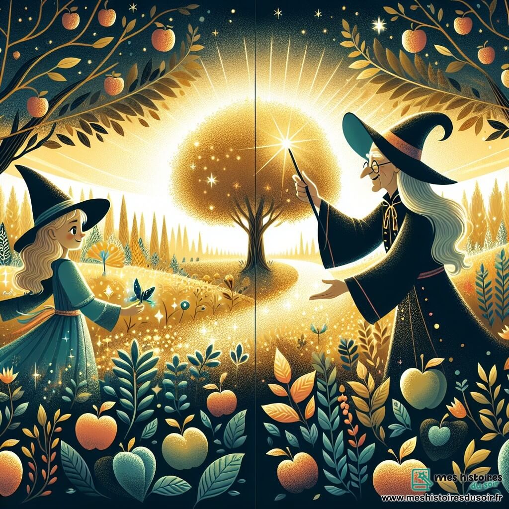 Une illustration destinée aux enfants représentant une apprentie sorcière, une sorcière vieille et sage, et un jardin enchanté aux arbres fruitiers scintillants, se déroulant dans un royaume magique où la lumière dorée du soleil baigne les lieux.