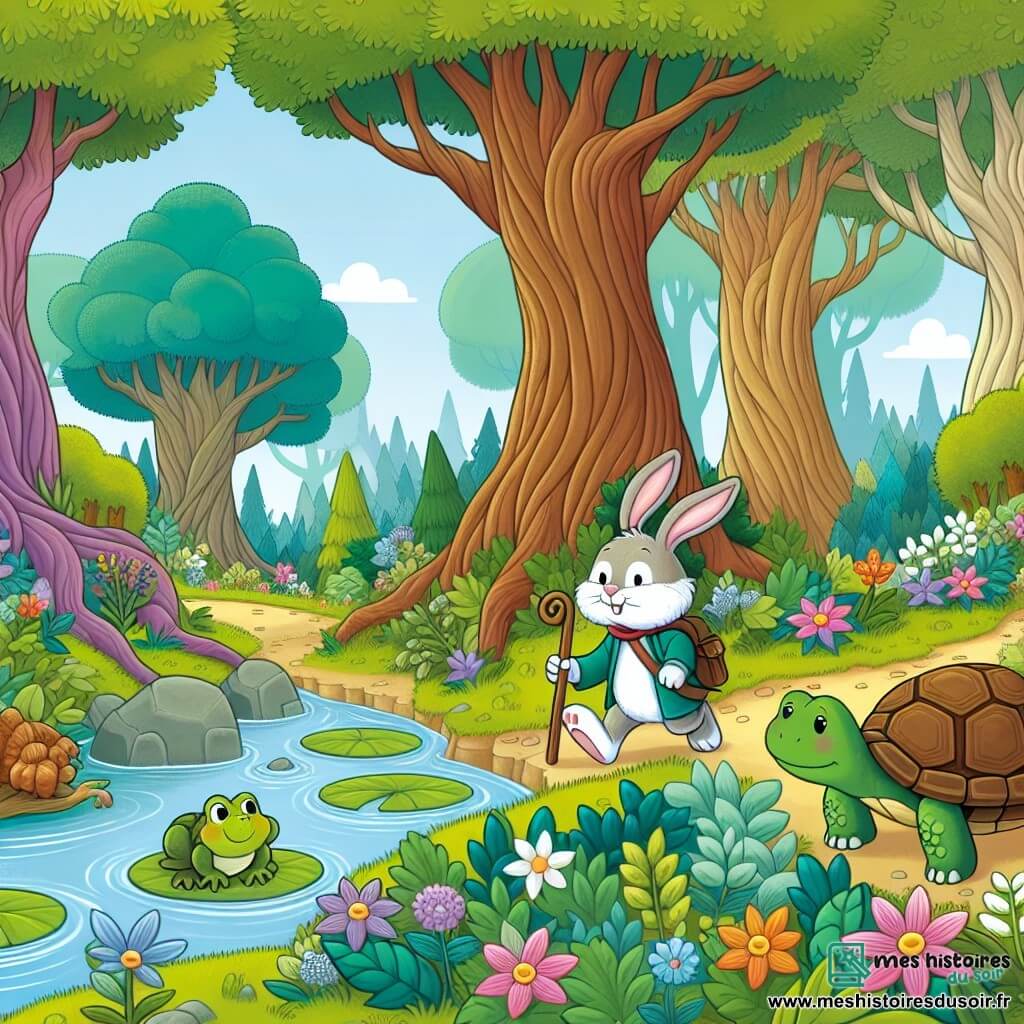 Une illustration destinée aux enfants représentant un lapin aventureux, une grenouille reconnaissante, une tortue sage et vénérable, évoluant dans une clairière enchantée aux arbres majestueux, aux fleurs colorées et aux ruisseaux murmureurs.