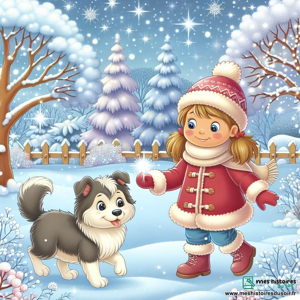 Une illustration destinée aux enfants représentant une petite fille émerveillée par la neige, accompagnée de son fidèle chien Max, explorant un jardin enneigé avec des arbres recouverts de flocons scintillants, dans une journée d'hiver magique.