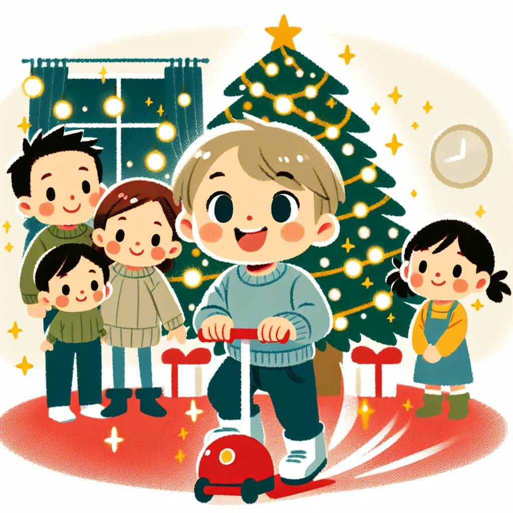 Une illustration destinée aux enfants représentant un petit garçon plein d'énergie, entouré de sa famille, dans un salon décoré avec un grand sapin de Noël scintillant, attendant avec impatience l'arrivée du Père Noël.
