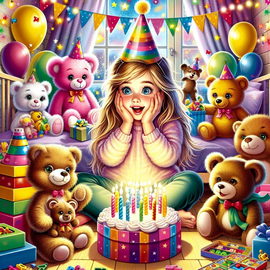 Une illustration destinée aux enfants représentant une jeune fille émerveillée par une surprise d'anniversaire, accompagnée de ses amis animaux, dans une chambre colorée et pleine de jouets.