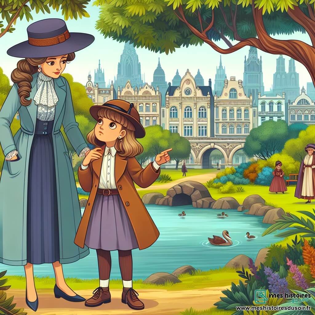 Une illustration destinée aux enfants représentant une jeune détective (fille) résolvant un mystère avec l'aide d'une dame élégante (femme) dans le parc de la ville de Châtaigne-sur-Mer, un endroit plein de verdure, d'arbres majestueux et d'un étang paisible.