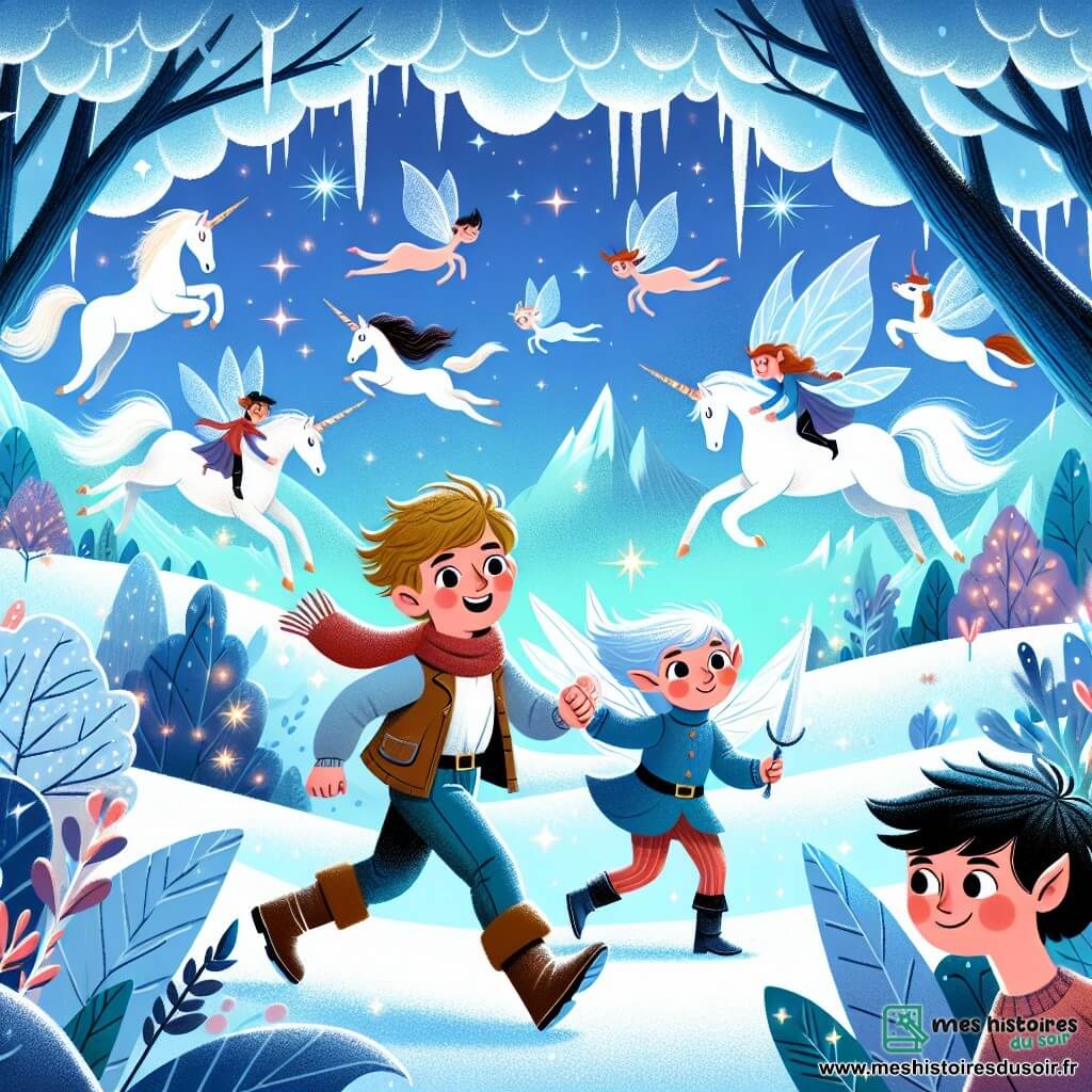 Une illustration destinée aux enfants représentant un garçon intrépide se retrouvant dans un royaume magique figé, accompagné d'une fée des bois pétillante, entourés de licornes galopantes et d'elfes dansant sous des arbres magiques dans un décor enchanteur aux couleurs vives et chatoyantes.