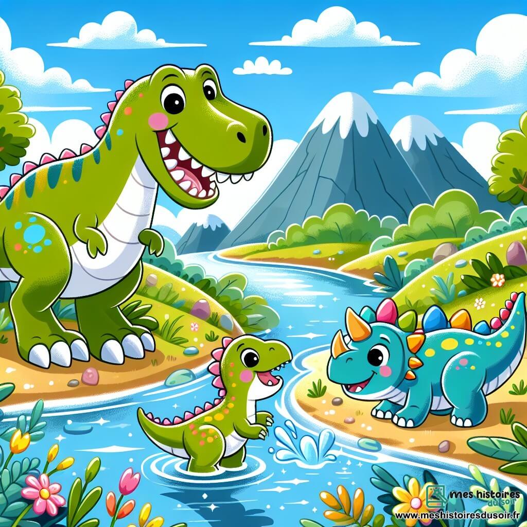 Une illustration sous forme de dessin destinée aux enfants représentant une scène joyeuse près d'une rivière scintillante entourée de montagnes verdoyantes, où un grand Tyrannosaure Rex au sourire amical et aux grandes dents éclatantes éclabousse l'eau en jouant avec sa petite sœur, un dinosaure aux écailles brillantes et colorées, tandis qu'un gros stégosaure triste les observe, espérant retrouver sa famille perdue, le tout sous un ciel bleu parsemé de nuages moelleux et avec des fleurs colorées sur les rives.